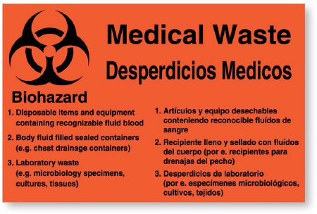 United Ad Label Pre-Printed Label UAL™ Warning Label Orange Paper Medical Waste Black Enligsh / Spanish 5-1/4 X 8 Inch - Pack of 50 - ULPC465-PK