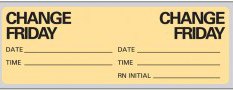 Precision Dynamics Pre-Printed Label Advisory Label Tan Paper Change Friday Black Syringe Label 1 X 2-1/4 Inch - Roll of 1 - N-7373-RL