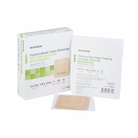 McKesson Foam Dressing McKesson 3 X 3 Inch With Border Film Backing Silicone Gel Adhesive Square Sterile - Box of 10 - 4842-BX