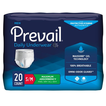 First Quality Male Adult Absorbent Underwear Prevail® Men's Daily Underwear Pull On with Tear Away Seams Small / Medium Disposable Heavy Absorbency - Case of 80 - PUM-512/1-CS