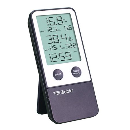 Cole-Parmer Inst. Digital Thermometer / Hygrometer Traceable® Fahrenheit / Celsius 32° to 122°F (0° to 50°C) Internal Sensor Flip-out Stand / Wall Mount Battery Operated - Each - 90080-06-EA