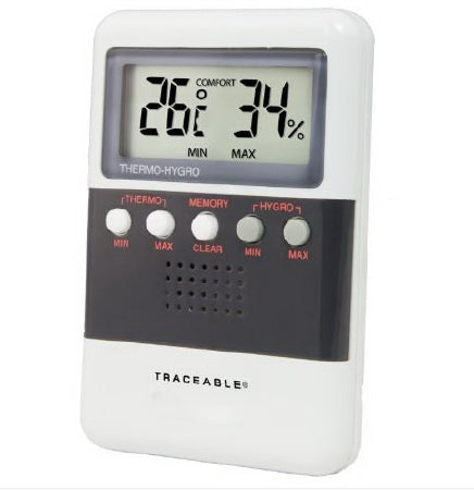 Cole-Parmer Inst. Digital Thermometer / Hygrometer Traceable® Fahrenheit / Celsius 32° to 122°F Solid State Sensors Flip-out Stand / Wall Mount Battery Operated - Each - 98766-84-EA