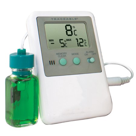 Cole-Parmer Inst. Digital Refrigerator / Freezer Thermometer with Alarm Traceable® Fahrenheit / Celsius -58° to +158°F (-50° to +70°C) Bottle Probe Desk / Wall / Door Mount Battery Operated - Each - 94460-72-EA