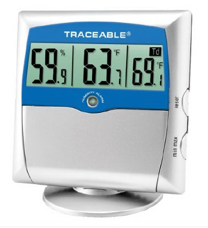 Cole-Parmer Inst. Digital Thermometer / Hygrometer with Alarm Traceable® Fahrenheit / Celsius 14° to 140°F (-10° to +60°C) Solid State Sensors Free-standing / Wall Mount Battery Operated - Each - 37803-83-EA