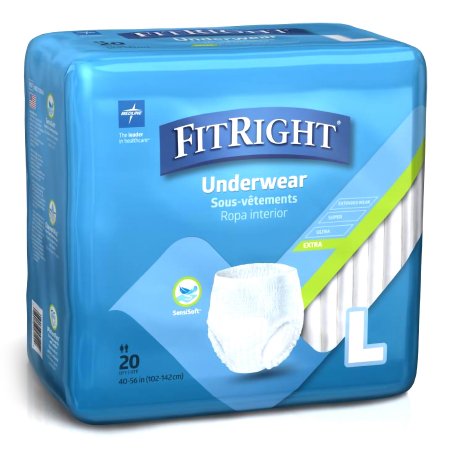 Medline Unisex Adult Absorbent Underwear FitRight™ Pull On with Tear Away Seams Large Disposable Moderate Absorbency - Case of 80 - MSC13505A-CS