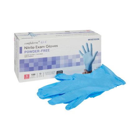 McKesson Exam Glove McKesson Confiderm® 4.5C Small NonSterile Nitrile Standard Cuff Length Textured Fingertips Blue Chemo Tested - Box of 100 - 14-654C-BX