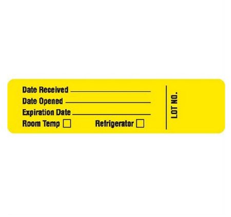 Market Lab Inc Pre-Printed / Write On Label Advisory Label Yellow Paper Date Rec'd __________ / Date Opened __________ / Expiration Date _________ / Room Temp, Refrigerator, LOT NO. Black Quality Control Label 0.87 X 3-1/2 Inch - Each - 8034-EA