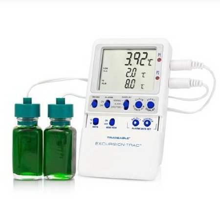 Cole-Parmer Inst. Datalogging Refrigerator / Freezer Thermometer with Alarm Traceable® Excursion-Trac™ Fahrenheit / Celsius -58° to +158°F (-50° to +70°C) 2 Glycol Bottle Probes Multiple Mounting Options Battery Operated - Each - 94460-09-EA