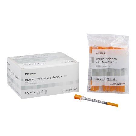 McKesson Standard Insulin Syringe with Needle McKesson 1 mL 1/2 Inch 27 Gauge NonSafety Ultra Thin Wall - Box of 100 - 102-SN1C2705P-BX