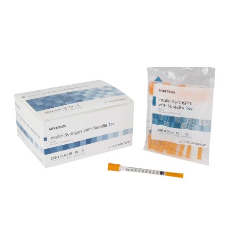 McKesson Standard Insulin Syringe with Needle McKesson 1 mL 1/2 Inch 28 Gauge NonSafety Ultra Thin Wall - Box of 100 - 102-SN1C2805P-BX