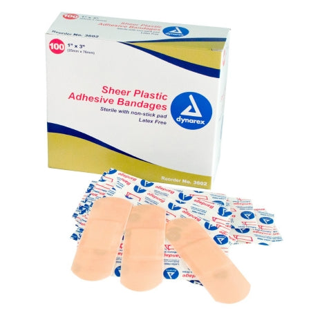 Dynarex Adhesive Strip Dynarex 1 X 3 Inch Plastic Rectangle Sheer Sterile - Box of 100 - 3602-BX