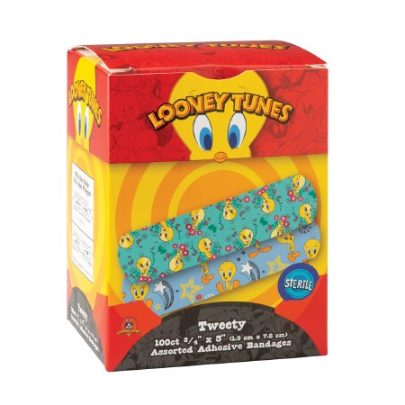 SmileMakers Adhesive Strip Looney Tunes™ 3/4 X 3 Inch Plastic Rectangle Kid Design (Tweety Red / Blue) Sterile - Box of 100 - BAN94-BX