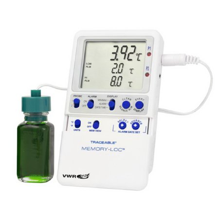 VWR International Refrigerator / Freezer Temperature Data Logger with Alarm VWR® Traceable® Memory-Loc™ Fahrenheit / Celsius -58° to +158°F (-50° to +70°C) 2 Glycol Bottle Probes Multiple Mounting Options Battery Operated - Each - 10048-650-EA