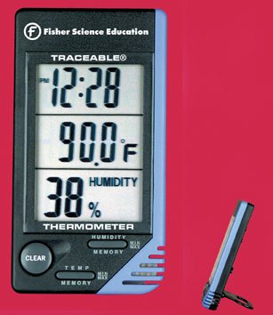 Fisher Scientific Digital Thermometer / Hygrometer Fisherbrand™ Traceable® Fahrenheit / Celsius 32° to 122°F (0 to 50°C) Internal Sensor Desk / Wall Mount Battery Operated - Each - S66279-EA