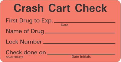 Precision Dynamics Pre-Printed Label Barkley® Advisory Label Red Crash Cart Check First Drug To Exp Name Of Drug Lock Number Check Done On Black 1-1/2 X 2-15/16 Inch - Roll of 1 - MV07FR8129-RL