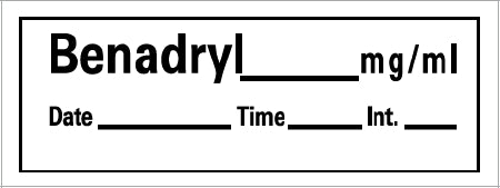Precision Dynamics Drug Label Barkley® Anesthesia Label Benadryl_mg/mL Date_Time_Int_ White 1/2 X 1-1/2 Inch - Roll of 1 - AN-109-RL