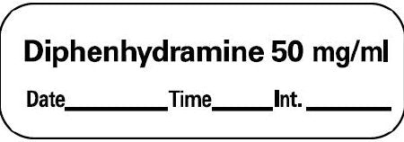 Precision Dynamics Drug Label PDC® Anesthesia Label Diphenhydramine 50mg/mL Date_Time_Int_ White 1/2 X 1-1/2 Inch - Roll of 1 - AN-210D50-RL