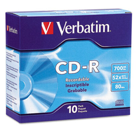 Verbatim® CD-R Recordable Disc, 700 MB/80 min, 52x, Slim Jewel Case, Silver, 10/Pack - Pack of 1 - VER-94935-PK
