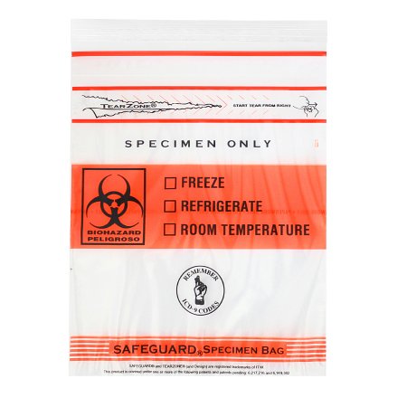 Minigrip Specimen Transport Bag with Document Pouch SafeGuard® TearZone® 6 X 9 Inch Zip Closure Biohazard Symbol / Storage Instructions NonSterile - Case of 1000 - MGTZ69-CS