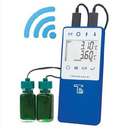 Cole-Parmer Inst. Datalogging Refrigerator / Freezer Thermometer with Alarm TraceableLIVE® Fahrenheit / Celsius -58Â° to +140Â°F (-50Â° to +60Â°C) 2 Glycol Bottle Probes Multiple Mounting Options Battery Operated - Each - 99460-00-EA