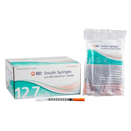 BD Standard Insulin Syringe with Needle Ultra-Fine™ 1 mL 1/2 Inch 30 Gauge NonSafety Regular Wall - Case of 50 - 328411-CS