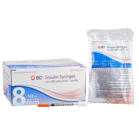BD Standard Insulin Syringe with Needle Ultra-Fine™ Lo-Dose™ 0.5 mL 5/16 Inch 31 Gauge NonSafety Regular Wall - Case of 50 - 328468-CS
