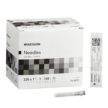 McKesson Hypodermic Needle McKesson 1 Inch Length 22 Gauge Thin Wall Without Safety - Box of 100 - 16-N221-BX