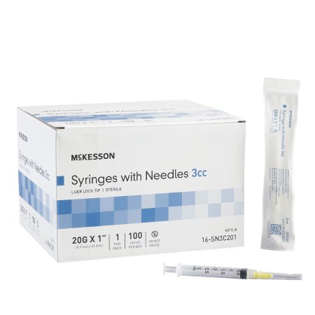 McKesson Standard Hypodermic Syringe with Needle McKesson 3 mL 1 Inch 20 Gauge NonSafety Thin Wall - Case of 1000 - 16-SN3C201-CS