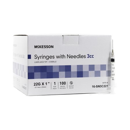 McKesson Standard Hypodermic Syringe with Needle McKesson 3 mL 1 Inch 22 Gauge NonSafety Thin Wall - Box of 100 - 16-SN3C221-BX