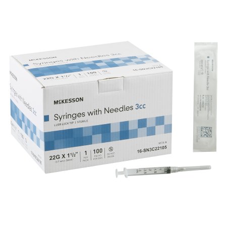 McKesson Standard Hypodermic Syringe with Needle McKesson 3 mL 1-1/2 Inch 22 Gauge NonSafety Thin Wall - Box of 100 - 16-SN3C22105-BX