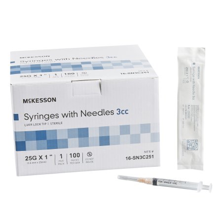 McKesson Standard Hypodermic Syringe with Needle McKesson 3 mL 1 Inch 23 Gauge NonSafety Thin Wall - Box of 100 - 16-SN3C231-BX