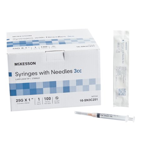 McKesson Standard Hypodermic Syringe with Needle McKesson 3 mL 1 Inch 25 Gauge NonSafety Thin Wall - Box of 100 - 16-SN3C251-BX