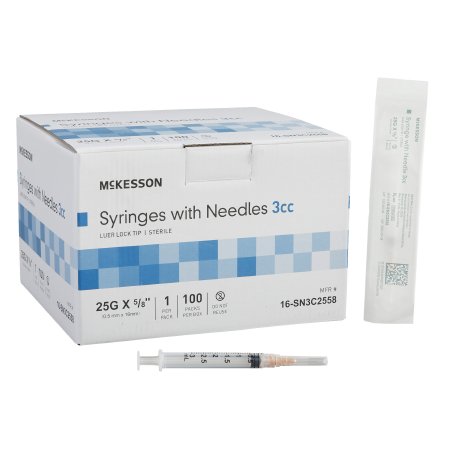 McKesson Standard Hypodermic Syringe with Needle McKesson 3 mL 5/8 Inch 25 Gauge NonSafety Thin Wall - Each - 16-SN3C2558-EA
