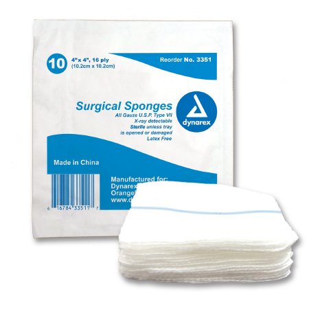 Dynarex Gauze Sponge 4 X 4 Inch 10 per Tray Sterile 16-Ply Square - Case of 1280 - 3351-CS