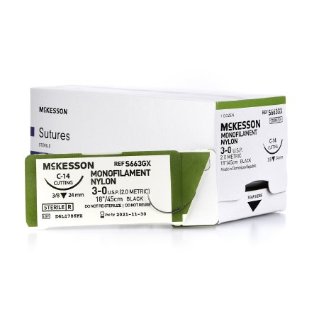 McKesson Nonabsorbable Suture with Needle McKesson Nylon C-14 3/8 Circle Reverse Cutting Needle Size 3 - 0 Monofilament - Box of 1 - S663GX-BX