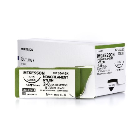 McKesson Nonabsorbable Suture with Needle McKesson Nylon C-15 3/8 Circle Reverse Cutting Needle Size 2 - 0 Monofilament - Box of 1 - S664GX-BX