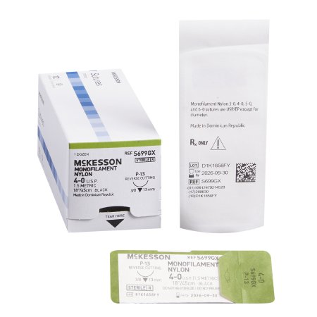 McKesson Nonabsorbable Suture with Needle McKesson Nylon P-13 3/8 Circle Precision Reverse Cutting Needle Size 4 - 0 Monofilament - Box of 1 - S699GX-BX