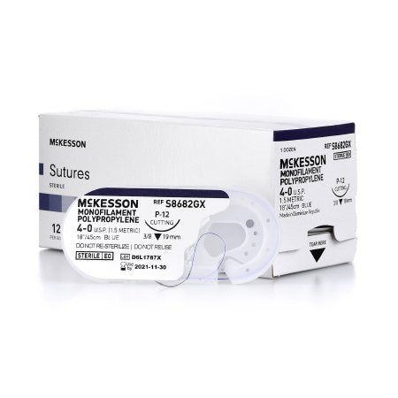 McKesson Nonabsorbable Suture with Needle McKesson Polypropylene P-12 3/8 Circle Precision Reverse Cutting Needle Size 4 - 0 Monofilament - Box of 1 - S8682GX-BX