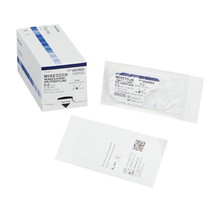 McKesson Nonabsorbable Suture with Needle McKesson Polypropylene P-13 3/8 Circle Precision Reverse Cutting Needle Size 5 - 0 Monofilament - Box of 1 - S8698GX-BX