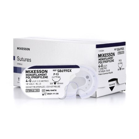 McKesson Nonabsorbable Suture with Needle McKesson Polypropylene P-13 3/8 Circle Precision Reverse Cutting Needle Size 4 - 0 Monofilament - Box of 1 - S8699GX-BX
