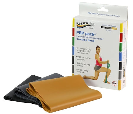 Fabrication Enterprises Exercise Resistance Band Set Sup-R Band® PEP Pack® Black / Silver / Gold 5 Inch X 5 Foot X-Heavy to 3X-Heavy Resistance - Each - 10-6384-EA
