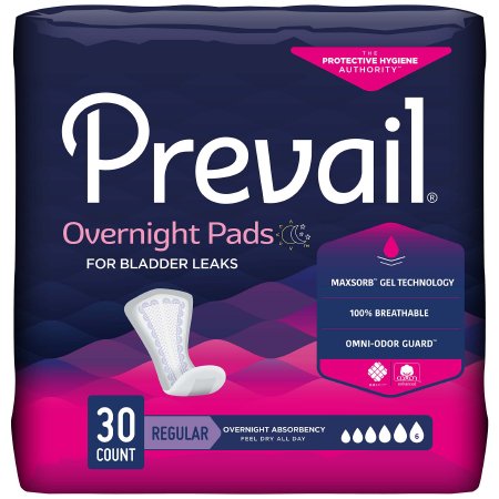 First Quality Bladder Control Pad Prevail® Daily Pads Overnight 16 Inch Length Heavy Absorbency Polymer Core One Size Fits Most - Bag of 30 - PVX-120-BG