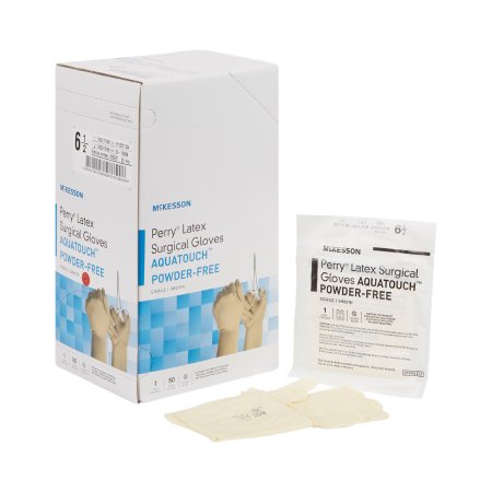 McKesson Surgical Glove McKesson Perry® Performance Plus AquaTouch™ Size 6.5 Sterile Latex Standard Cuff Length Smooth Cream Not Chemo Approved - Box of 50 - 20-1265N-BX