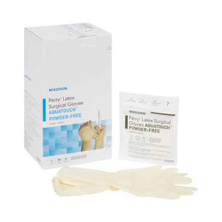 McKesson Surgical Glove McKesson Perry® Performance Plus AquaTouch™ Size 7 Sterile Latex Standard Cuff Length Smooth Cream Not Chemo Approved - Case of 200 - 20-1270N-CS