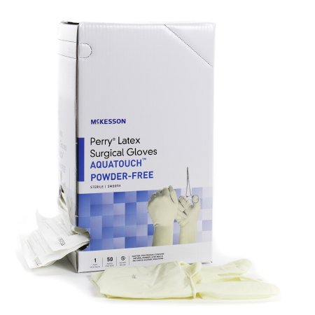 McKesson Surgical Glove McKesson Perry® Performance Plus AquaTouch™ Size 8.5 Sterile Latex Standard Cuff Length Smooth Cream Not Chemo Approved - Case of 200 - 20-1285N-CS