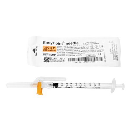 Retractable Technologies Safety Hypodermic Needle EasyPoint® 1 Inch Length 25 Gauge Regular Wall Retractable Safety Needle - Case of 400 - 82011-CS
