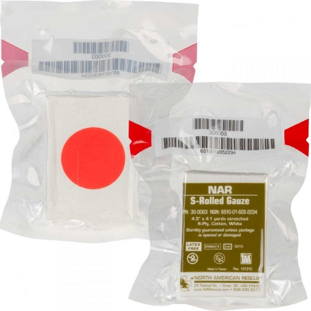 North American Rescue Compressed Gauze Roll NAR 4-1/2 Inch X 4-1/10 Yard 1 per Pack Sterile 6-Ply Roll Shape - Each - 30-0003-EA
