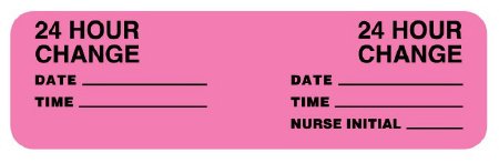 United Ad Label Pre-Printed Label Conf-id-ent™ Advisory Label Fluorescent Pink Paper 24 HOUR CHANGE/DATE_____/TIME_____/24 HOUR CHANGE/DATE_____/TIME_____/NURSE INITIAL_____ Black Safety and Instructional 7/8 X 3 Inch - Roll of 320 - ULCM308-RL