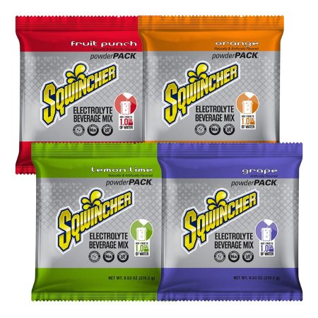 Kent Precision Foods Oral Electrolyte Solution Sqwincher® Powder Pack® Orange / Fruit Punch / Grape / Lemon-Lime Flavor 9.53 oz. Electrolyte - Case of 80 - 159016007-CS
