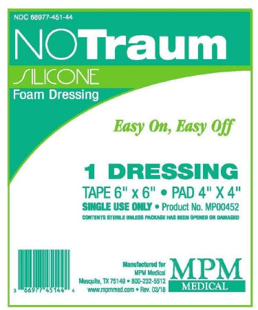 MPM Medical Foam Dressing NOTraum 6 X 6 Inch With Border Waterproof Backing Silicone Adhesive Square Sterile - Case of 50 - MP00452-CS